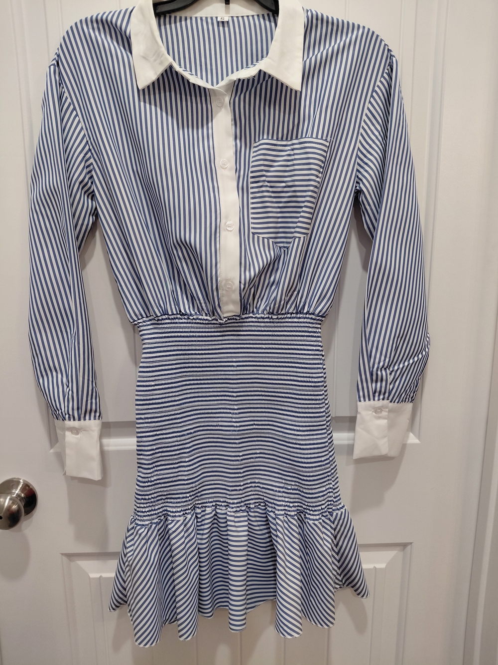 SHEIN Blue and White Striped Long Sleeve Shirt Dress with Ruffle Hem